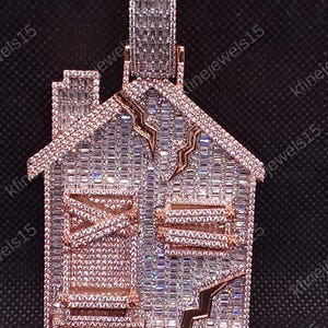Mens HOUSE Pendant,Hip Hop House Trap Pendant, Trap House Custom Pendant, Bling Gift Charm,925 Sterling Silver,Round Cubic Zirconia Diamond