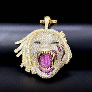 Custom &quot;Half Men & Beast&quot; Pendant, Round Diamond Pendant, Men&#39;s Custom Pendant, Hip Hop Jewelry, 925 Sterling Silver, 14k Yellow Gold Plated