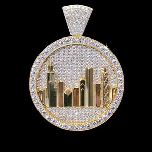 Custom Circle Men&#39;s Pendant, Custom Initial Pendant, Hip Hop Pendant,Round Cubic Zirconia Diamond, 925 Sterling Silver,14k White Gold Plated