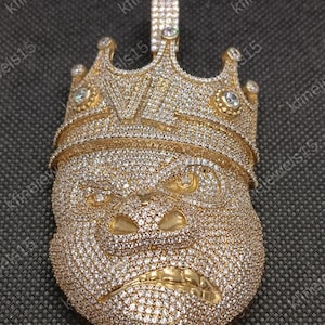 Aangepaste Diamond Gorilla King-hanger, cartoonstijl 925 zilver 14K geelgouden afwerking hiphop Rapper's Crown-hanger