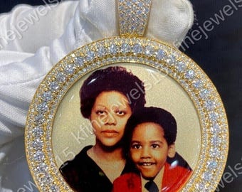 3 CT Round Diamond, Men&#39;s Memory Photo Picture Pendant, 14k Yellow Gold Plated,Couples Photo Pendant, 925 sterling Silver,Gift for Him & Her