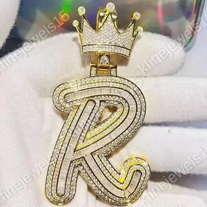 Pingente de coroa com letra "R" inicial personalizada masculina, banhado a ouro amarelo 14K, pingente de diamante unissex, presente para ele, pingente de carta personalizada masculina