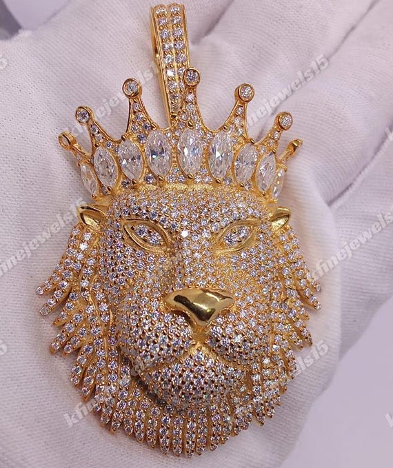 14k Gold Lion Pendant White Gold White Diamond Lion Head Pendant