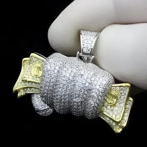 Ciondolo con denaro in dollari, ciondolo personalizzato hip hop, ciondolo natalizio personalizzato, ciondolo con borsa portasoldi a forma di stella rapper, argento sterling 925, ciondolo con ciondolo