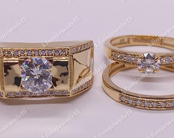 Engagement Wedding His-Her Trio Ring Set Pair, Bridal Band Engagement Ring Set Summer Jewelry, 14K Yellow Gold Finish, Ring Gift For Couple
