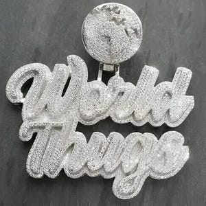 Round Cubic Zirconia Diamond Custom Letter Name &quot;WORLD THUGS&quot; Charm Gift Pendant 14K White Gold Plated 925 Sterling Silver, Hip Hop Pendant