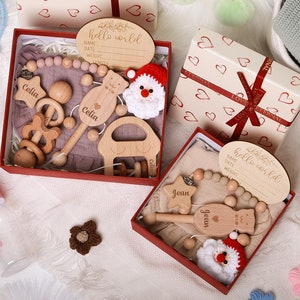 Personalisierte Baby Geschenkbox, natürliche Holzrasseln & Schnullerclip Set, Neugeborenenandenken mit benutzerdefinierter Namensgravur, ideales Babypartygeschenk