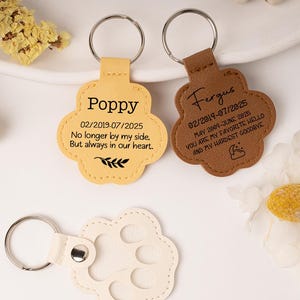 May include: Three personalized keyrings with a floral design. One is light yellow with the name "Poppy" and dates, the other is brown with the name "Fergus" and dates. The third keyring is white.
