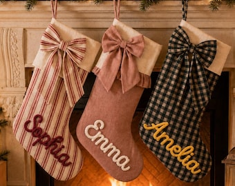 Personalized Christmas Stockings, Custom Name Embroidered Family Stocking, Elegant Bow Xmas Stocking, Holiday Mantel Decor Gift