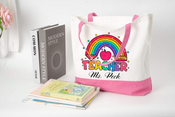 Teacher Tote Bag, Personalized Teacher Canvas Tote, Teacher Rainbow Tote,Teacher Appreciation Bag,Thank you Gift Idea, Back To School