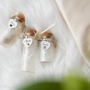 Pode incluir: Três pequenos frascos de vidro com tampas de cortiça e pingentes de prata. Os pingentes são em forma de coração e gravados com os nomes "Sadie", "Apollo" e "Bella".