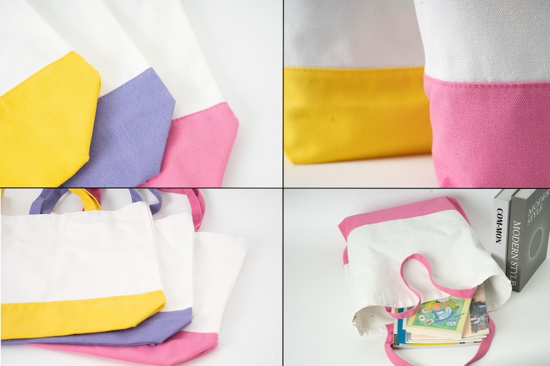 May include: White canvas tote bags with colour-blocked bottoms in yellow, lavender, and pink. The bags have matching coloured handles and are shown empty and filled with books. The bags are a simple, stylish design.