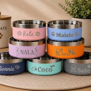 Cuencos de acero inoxidable grabados con nombre para perros y gatos, cuencos aislantes personalizables para comida y agua, cuencos pequeños y grandes para mascotas, regalos únicos para mascotas.