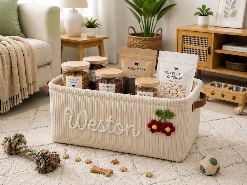 Peut inclure: Un panier de rangement rectangulaire en velours c&ocirc;tel&eacute; cr&egrave;me avec le nom Weston brod&eacute; en &eacute;criture blanche et une applique cerise rouge et verte. Le panier poss&egrave;de des poign&eacute;es lat&eacute;rales en similicuir marron et contient des friandises.