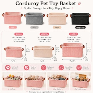 Peut inclure: Un panier de rangement en velours c&ocirc;tel&eacute; pour animaux avec des poign&eacute;es lat&eacute;rales marron, disponible en rose, gris, beige et gris fonc&eacute;. L'image montre trois tailles : petit (31x21x13 cm), moyen (36x26x16 cm) et grand (41x31x20 cm) avec divers objets.