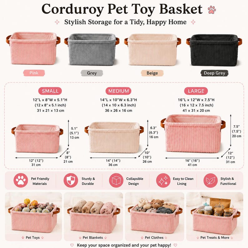 Peut inclure: Un panier de rangement en velours c&ocirc;tel&eacute; pour animaux avec des poign&eacute;es lat&eacute;rales marron, disponible en rose, gris, beige et gris fonc&eacute;. L'image montre trois tailles : petit (31x21x13 cm), moyen (36x26x16 cm) et grand (41x31x20 cm) avec divers objets.
