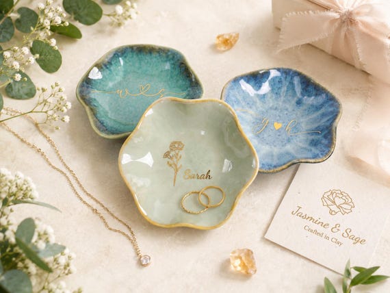 Personalized Jewelry Dish, Custom Ring Dish, Birth Month Flower Trinket Tray, Bridesmaid Gift, Wedding Gift, Custom Name Ceramic Dish