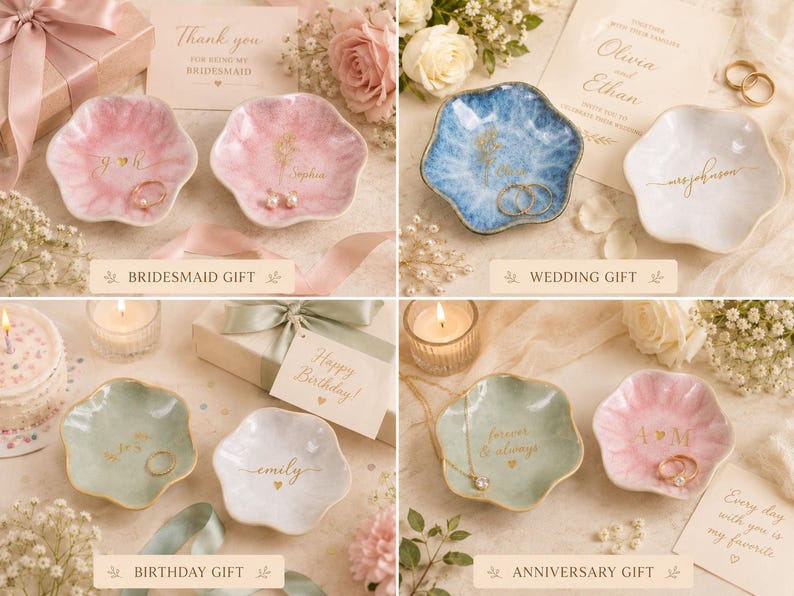 May include: A collection of flower-shaped trinket dishes in various colors including pink, blue, white, and sage green. Each dish features gold-colored custom text or initials, such as G H, Sophia, Olivia and Ethan, msjohnson, emily, and A M.