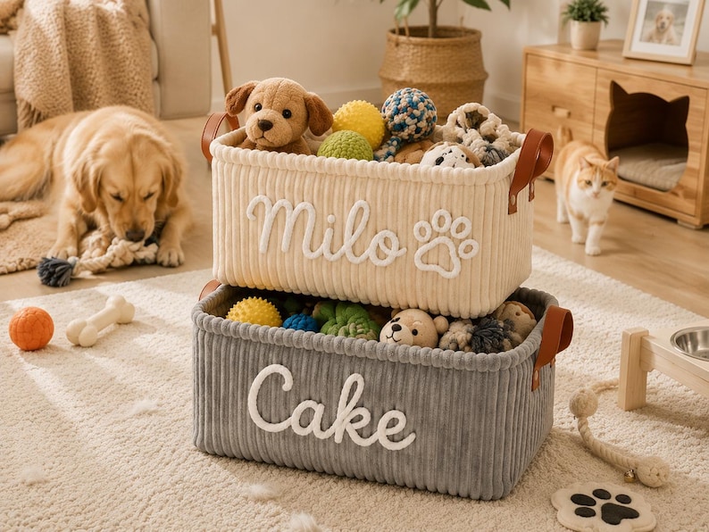 Peut inclure: Deux paniers de rangement rectangulaires en velours c&ocirc;tel&eacute; empil&eacute;s verticalement. Le panier sup&eacute;rieur est cr&egrave;me avec le nom Milo et une empreinte de patte brod&eacute;s en blanc. Le panier inf&eacute;rieur est gris avec le nom Cake brod&eacute; en blanc. Poign&eacute;es marron.