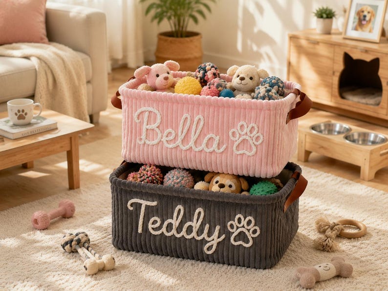 Peut inclure: Deux paniers de rangement rectangulaires en velours c&ocirc;tel&eacute; empil&eacute;s verticalement. Le panier sup&eacute;rieur est rose clair avec le nom Bella et une empreinte de patte brod&eacute;s en blanc. Le panier inf&eacute;rieur est gris fonc&eacute; avec le nom Teddy et une patte blanche.