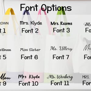 May include: A selection of white tote bags with coloured handles and base trim, displaying various font choices. The words "Font Options" are at the top. Each bag has a name and font number.
