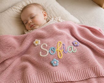Manta personalizada para bebê, manta de tricô com nome personalizado, presente para recém-nascido, presente para chá de bebê, manta de bebê com nome personalizado, presente para recém-nascido
