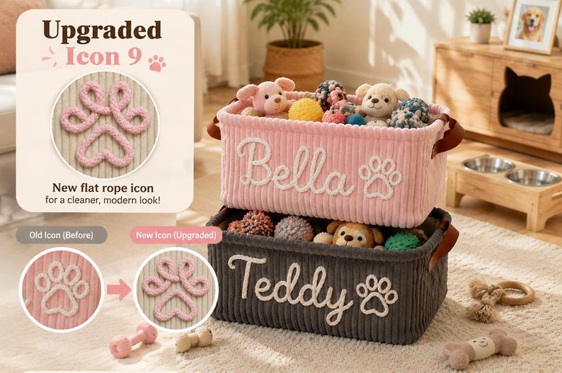 Peut inclure: Deux paniers de rangement rectangulaires en tissu c&ocirc;tel&eacute;, l'un rose clair et l'autre gris fonc&eacute;. Chaque panier pr&eacute;sente un nom brod&eacute; en blanc, Bella ou Teddy, et une ic&ocirc;ne de patte en corde blanche. Les deux paniers ont des poign&eacute;es lat&eacute;rales en cuir marron.
