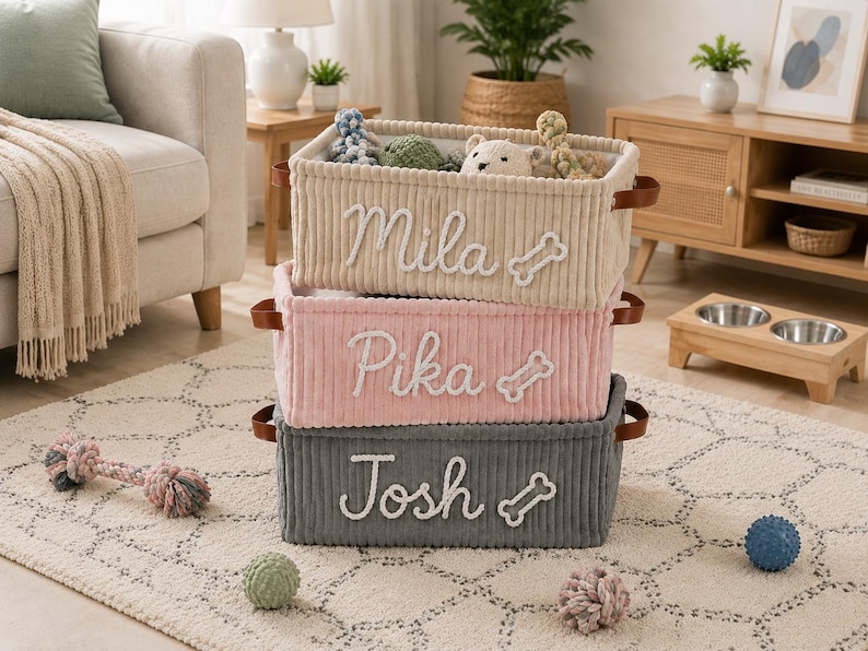 Peut inclure: Une pile de trois paniers de rangement rectangulaires en velours c&ocirc;tel&eacute; beige, rose et gris. Chaque panier poss&egrave;de des poign&eacute;es en cuir marron et des noms brod&eacute;s en blanc, Mila, Pika et Josh, avec une ic&ocirc;ne d'os brod&eacute;e sur le devant.