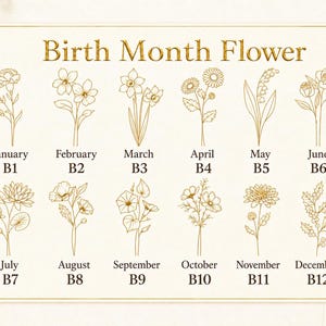 May include: A chart titled Birth Month Flower featuring twelve gold line-art illustrations of flowers, each labeled with a month and a corresponding code from B1 to B12. The flowers represent January through December on a cream-colored background.