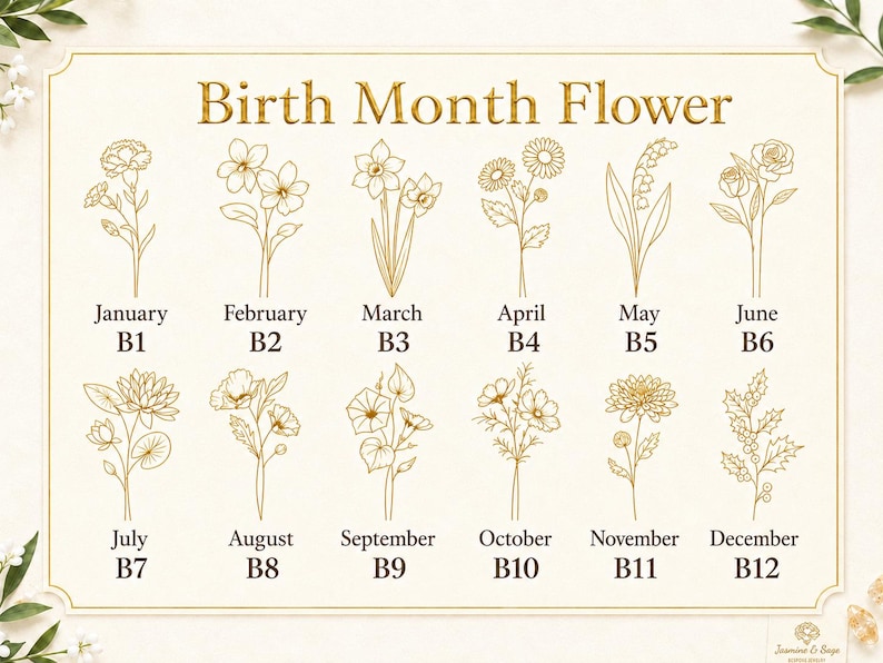 May include: A chart titled Birth Month Flower featuring twelve gold line-art illustrations of flowers, each labeled with a month and a corresponding code from B1 to B12. The flowers represent January through December on a cream-colored background.
