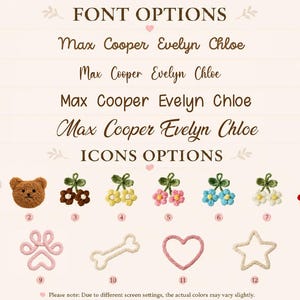 Peut inclure: Un tableau pr&eacute;sentant quatre options de police &eacute;tiquet&eacute;es F1 &agrave; F4, affichant les noms Max Cooper Evelyn Chloe. En dessous figurent douze ic&ocirc;nes dont deux t&ecirc;tes d'ours en peluche, six paires de fleurs crochet&eacute;es, une patte, un os, un c&oelig;ur et une &eacute;toile.