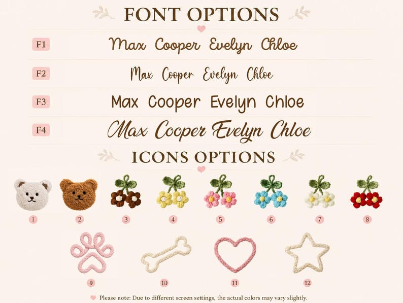 Peut inclure: Un tableau pr&eacute;sentant quatre options de police &eacute;tiquet&eacute;es F1 &agrave; F4, affichant les noms Max Cooper Evelyn Chloe. En dessous figurent douze ic&ocirc;nes dont deux t&ecirc;tes d'ours en peluche, six paires de fleurs crochet&eacute;es, une patte, un os, un c&oelig;ur et une &eacute;toile.