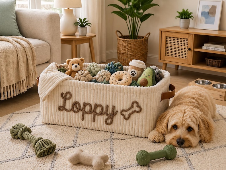 May include: A rectangular cream-coloured corduroy storage basket with brown leather handles. The front features the name Loppy and a bone icon in brown rope lettering. The basket is filled with various plush toys, including a bear and avocado.