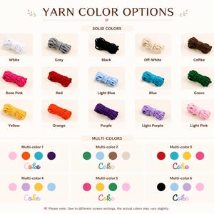 Peut inclure: Un nuancier intitul&eacute; YARN COLOR OPTIONS pr&eacute;sentant quinze petits &eacute;cheveaux de fil dans des couleurs unies : blanc, gris, noir, blanc cass&eacute;, caf&eacute;, rose, rouge, bleu clair, bleu, vert, jaune, orange, violet, violet clair et rose clair.