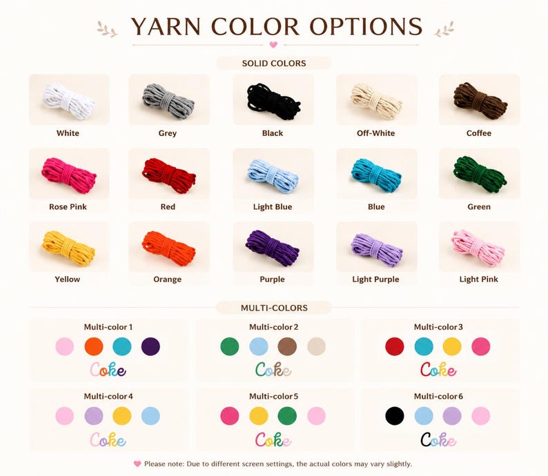Peut inclure: Un nuancier intitul&eacute; YARN COLOR OPTIONS pr&eacute;sentant quinze petits &eacute;cheveaux de fil dans des couleurs unies : blanc, gris, noir, blanc cass&eacute;, caf&eacute;, rose, rouge, bleu clair, bleu, vert, jaune, orange, violet, violet clair et rose clair.