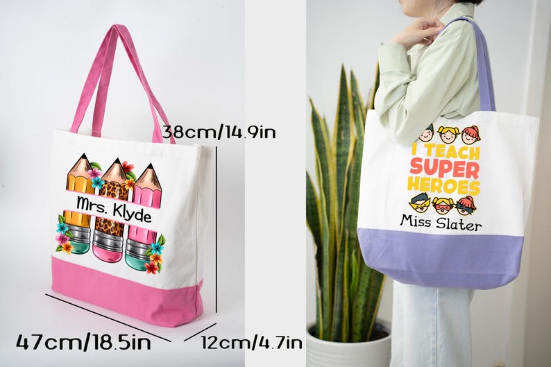 May include: White tote bag with pink handles and a pink base. The bag features a pencil design and the text "Mrs. Klyde". The bag is 47cm wide, 38cm tall, and 12cm deep. Another bag has the text "I Teach Super Heroes" and "Miss Slater".