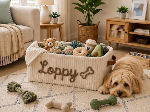 Personalized Dog Toy Basket with Name,Pet Storage Bin for Toys Treats & Accessories,Custom Pet Storage Organizer Bin