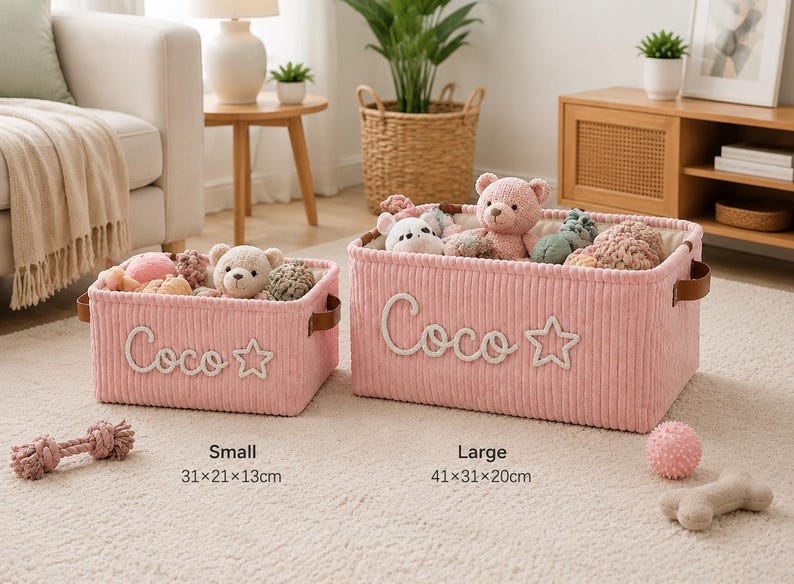 Peut inclure: Deux paniers de rangement rectangulaires en velours c&ocirc;tel&eacute; rose avec des poign&eacute;es en cuir marron. Chaque panier porte le nom Coco et une &eacute;toile brod&eacute;s en blanc. Le petit panier mesure 31x21x13cm et le grand panier mesure 41x31x20cm.