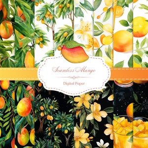 May include: A digital paper pack with 10 seamless patterns featuring watercolor illustrations of mangoes, mango slices, mango leaves, and mango flowers. The patterns are in various colors, including green, yellow, orange, and white. The patterns are perfect for creating digital and printed projects, such as invitations, cards, scrapbook pages, and more.