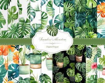Seamless Monstera Plant Digital Paper Pack. Green. Digital Download.
