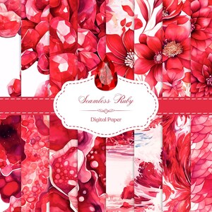 May include: A set of 10 digital papers featuring watercolor ruby red patterns. The patterns include ruby crystals, flowers, and abstract designs. Seamless Ruby Digital Paper.