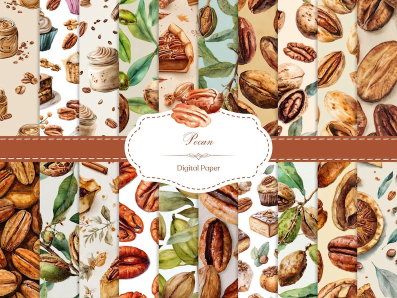 Labelling Pecan Seamless Pecan Digital Papers | Watercolor Nut & Dessert Patterns - Etsy