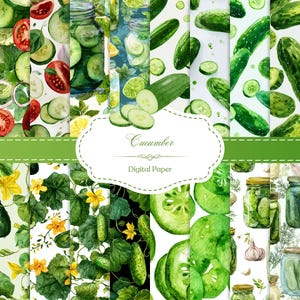 May include: A collection of watercolor digital papers featuring cucumbers, tomatoes, and other vegetables. The designs include sliced cucumbers, whole cucumbers, and jars of pickles. The text "Cucumber Digital Paper" is displayed on a white label.