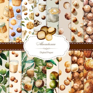 以下が含まれることがあります： マカダミアナッツ、ペストリー、コーヒーのイラストが描かれた水彩デジタルペーパーセット。デザインには、ナッツ、葉、さまざまな食品のイラストが含まれています。「Macadamia Digital Paper」というテキストが装飾的なラベルに表示されています。