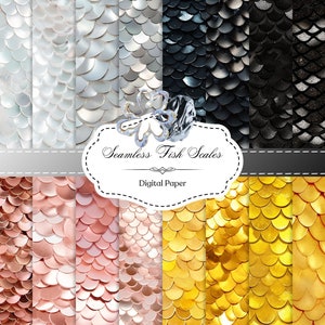 May include: A digital paper pack with 10 seamless patterns of fish scales in various colors, including white, black, gold, and rose gold. The patterns are perfect for crafting, scrapbooking, and digital design projects.