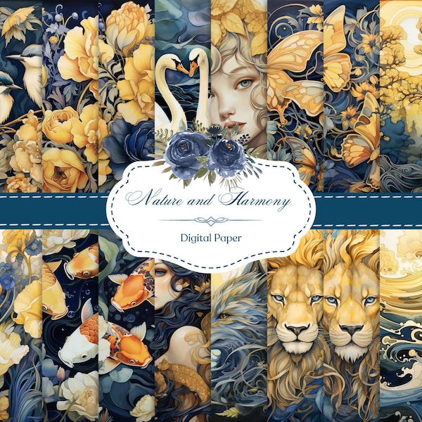 Harmony of Nature Digital Papers - Navy & Yellow Palette. Digital Download.