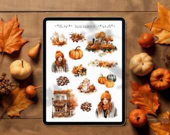 May include: A digital art print featuring fall-themed illustrations, including pumpkins, autumn leaves, coffee, and a woman in a knit hat. The tablet is surrounded by real pumpkins and leaves on a wooden surface. Text on the tablet reads "DIGITAL ATELIER BY HY."