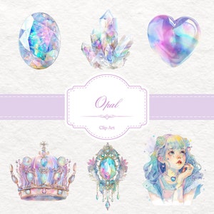 May include: A set of six watercolor illustrations featuring opal gemstones in various shapes, including a heart, a crystal cluster, a crown, a pendant, and a single oval stone. The illustrations are in a whimsical style with iridescent colors and a light background.