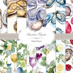 May include: A set of 10 digital paper designs featuring watercolor illustrations of oysters, grapes, lemons, limes, and berries. The papers are seamless and perfect for crafting projects.