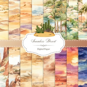 May include: A set of 12 digital papers featuring watercolor desert landscapes. The papers include various desert scenes, such as cacti, mountains, sunsets, and starry nights. The papers are seamless and can be used for scrapbooking, card making, and other craft projects.